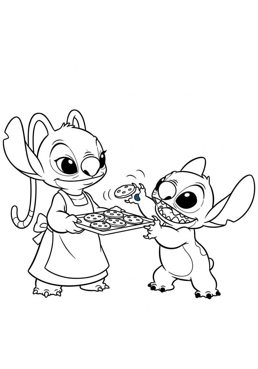 Stitch and Angel baking cookies coloring page