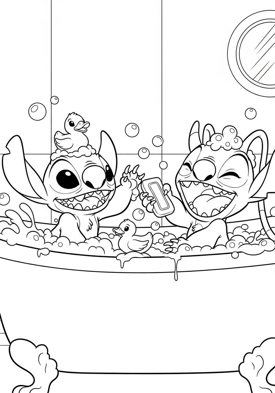 Stitch and Angel bubble bath coloring page