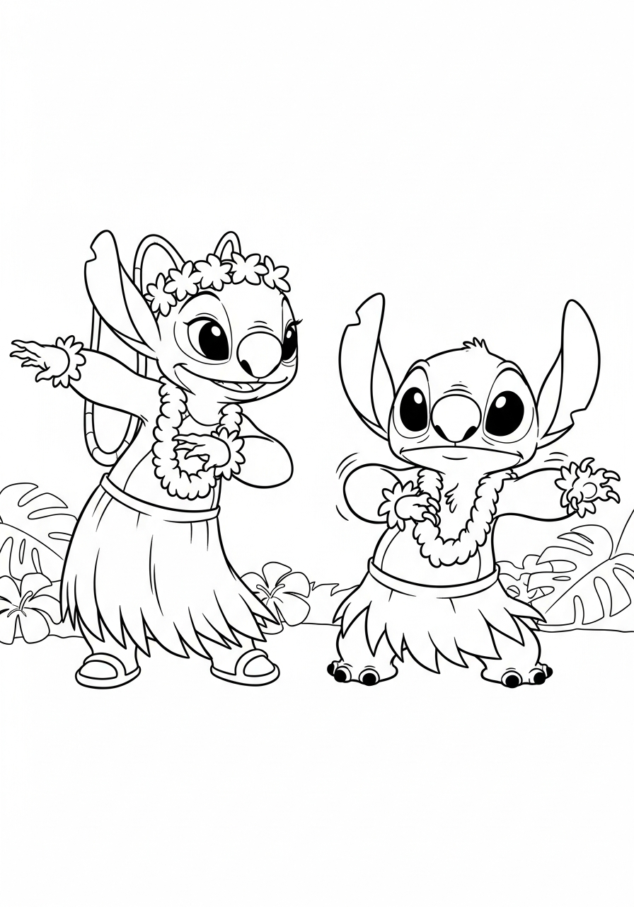 Stitch and Angel doing hula coloring page