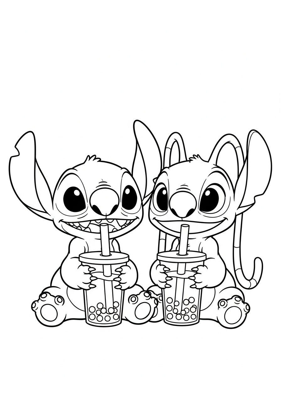 Stitch and Angel drinking boba coloring page