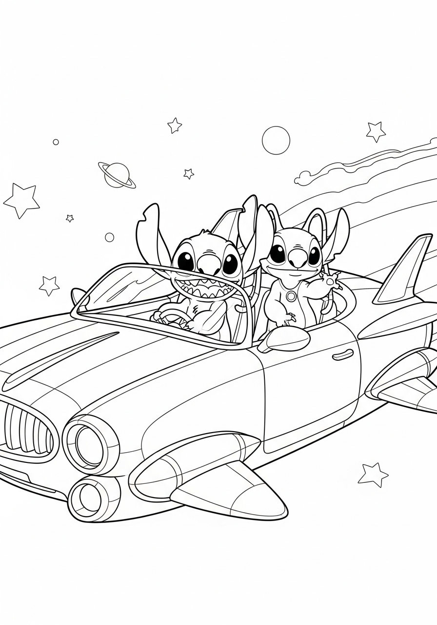 Stitch and Angel driving spaceship coloring page