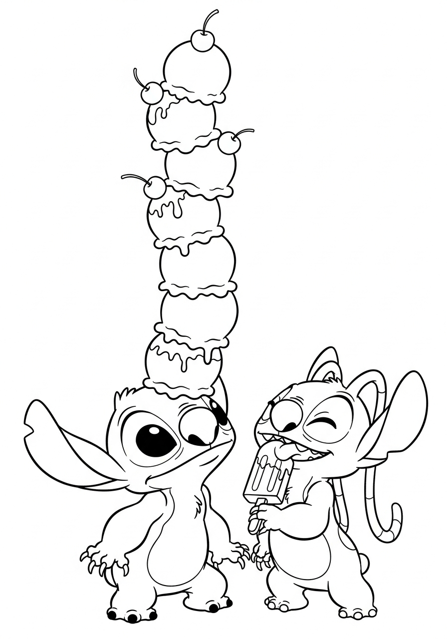 Stitch and Angel eating ice cream coloring page