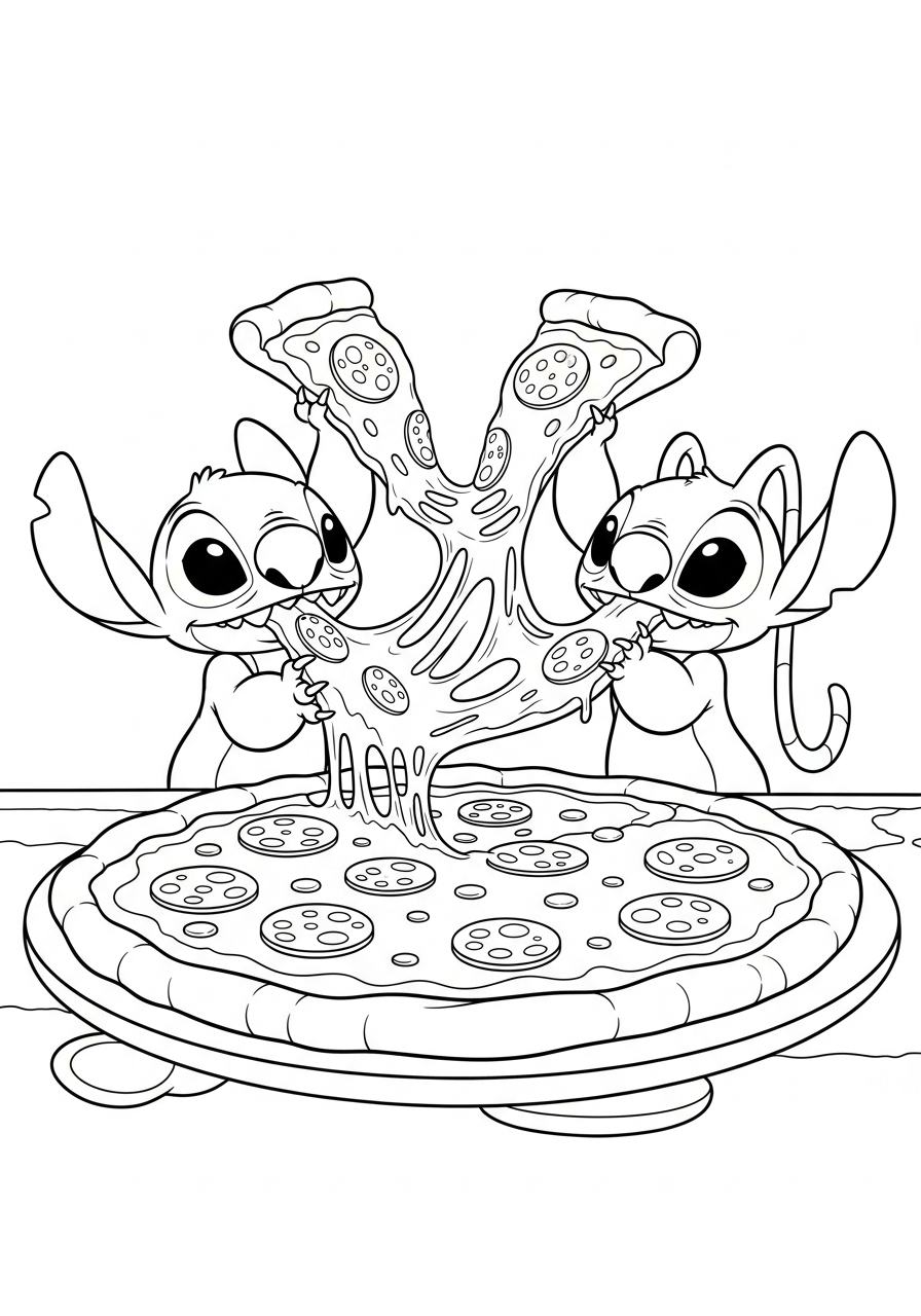 Stitch and Angel eating pizza coloring page