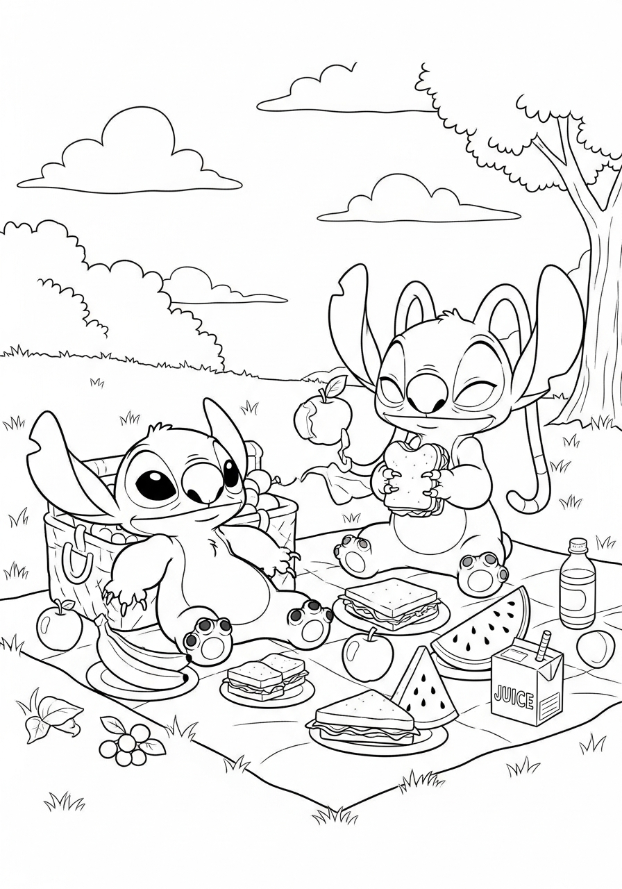 Stitch and Angel having picnic coloring page