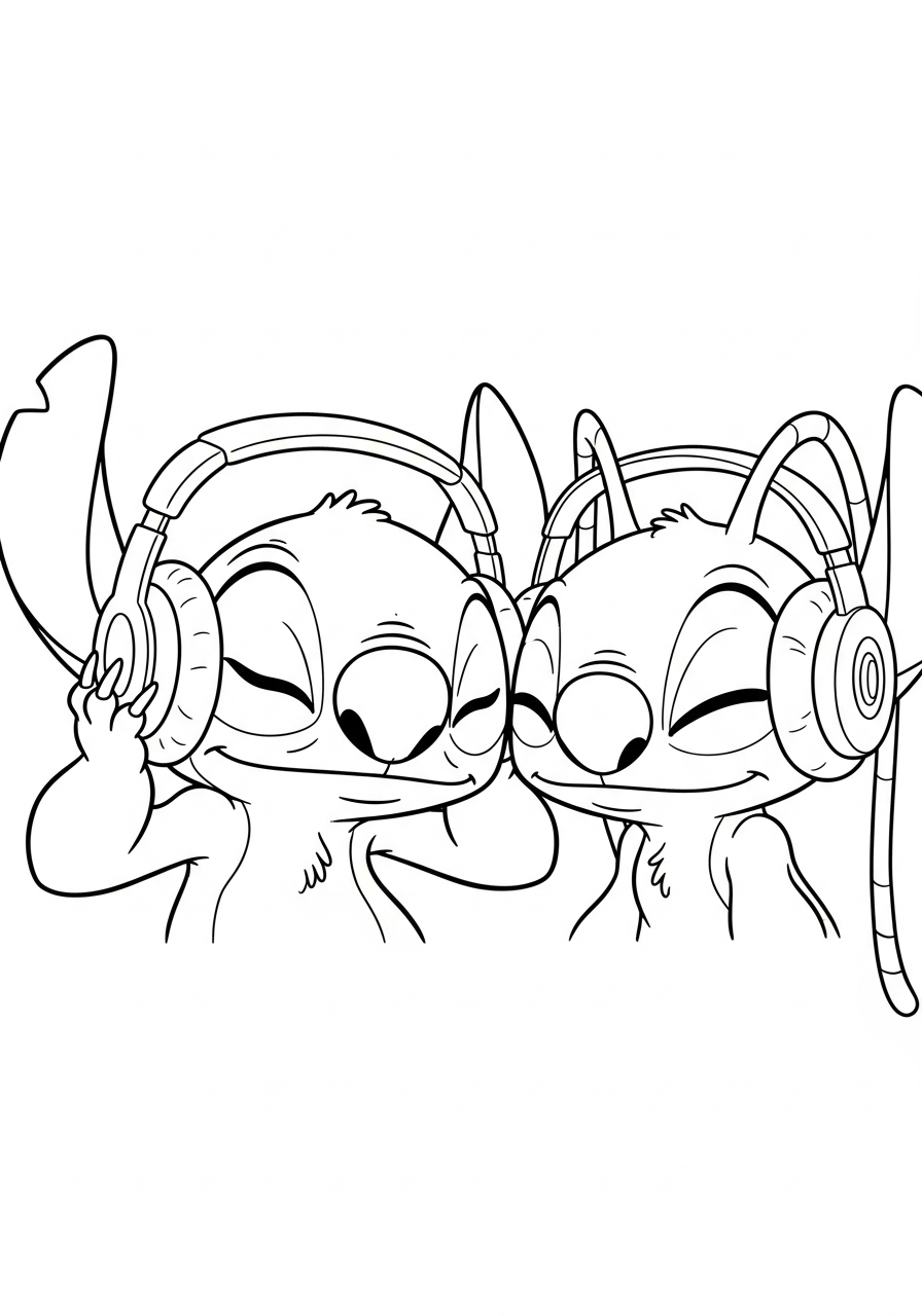 Stitch and Angel listening to music coloring page