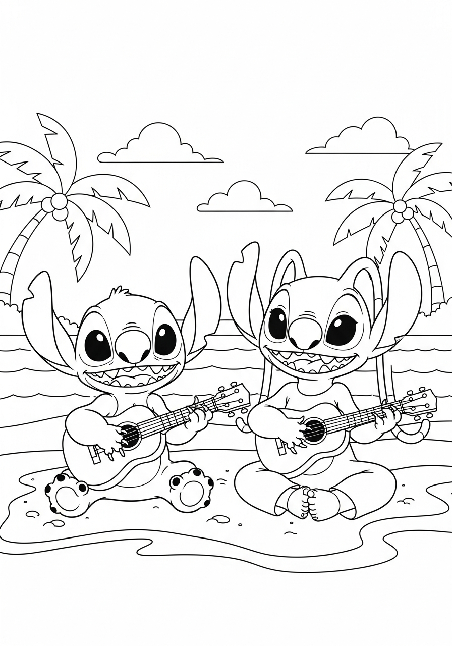 Stitch and Angel playing ukulele coloring page