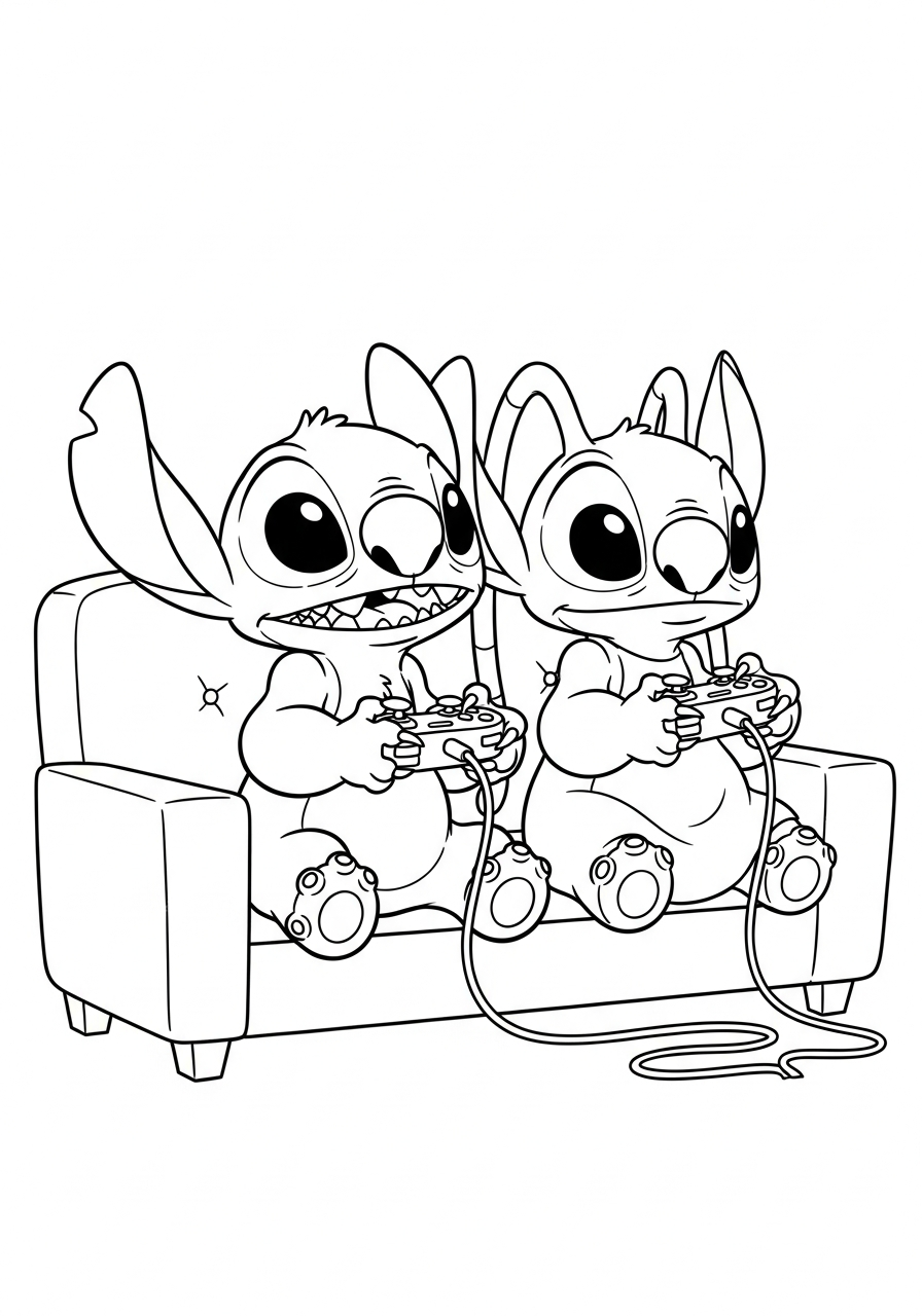 Stitch and Angel playing video games coloring page