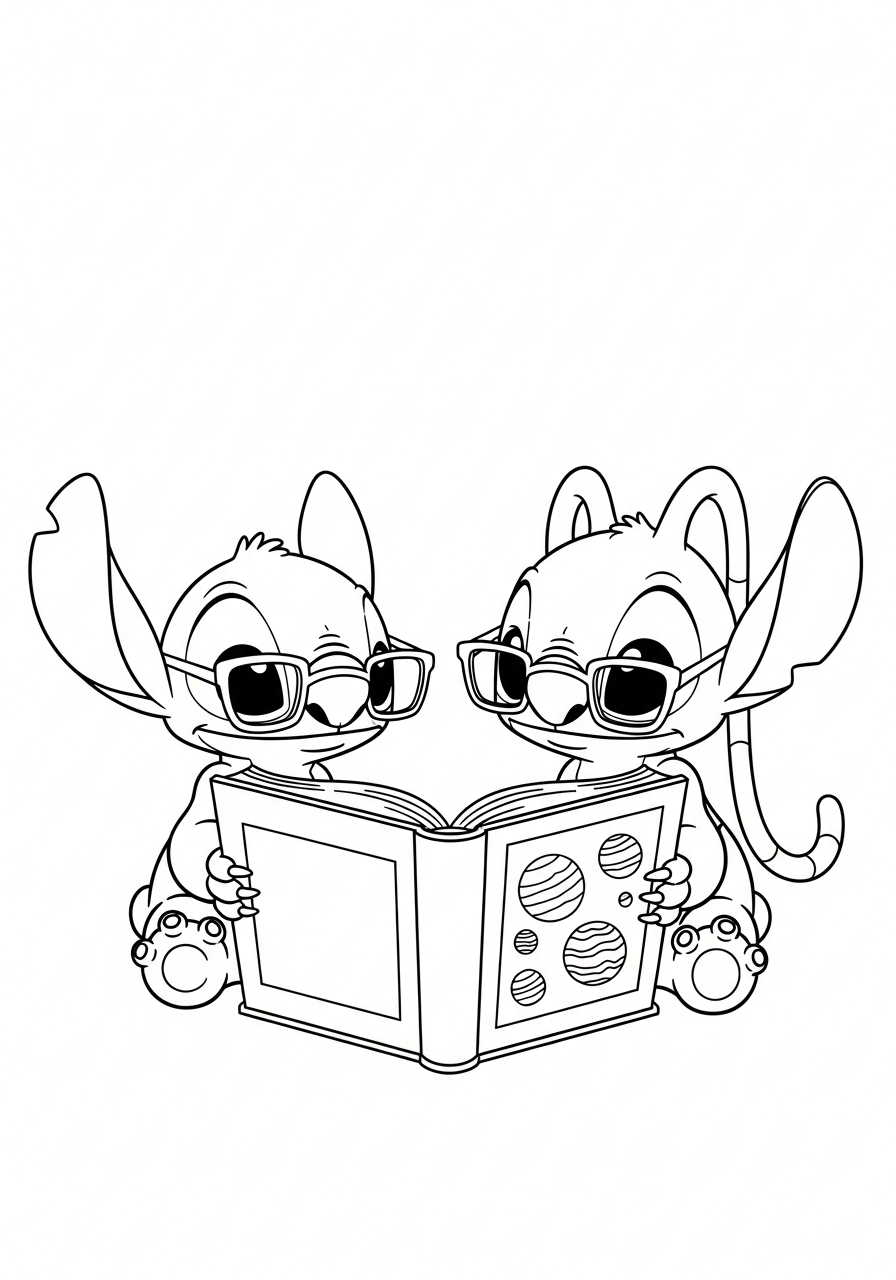 Stitch and Angel reading book coloring page