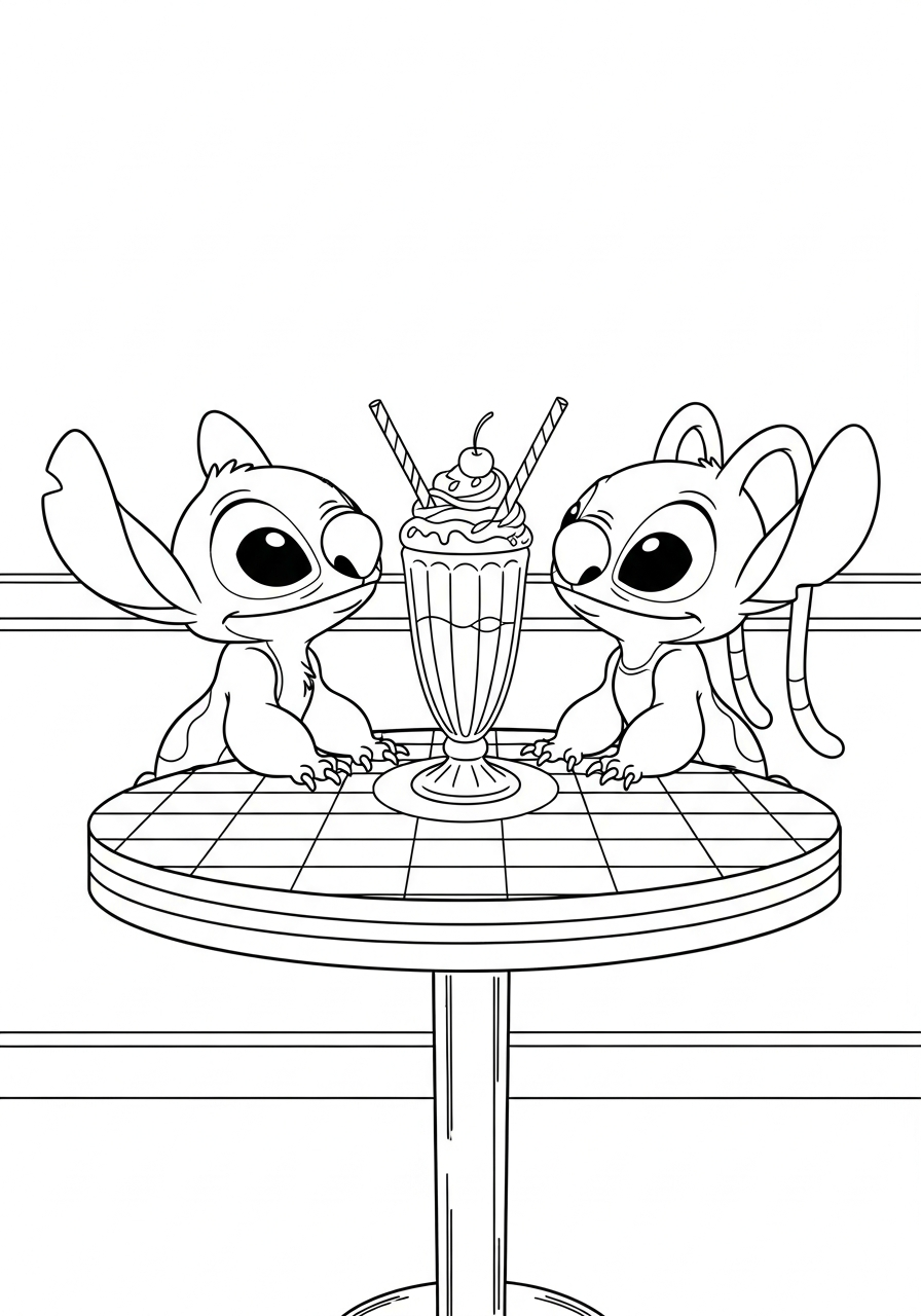 Stitch and Angel sharing milkshake coloring page