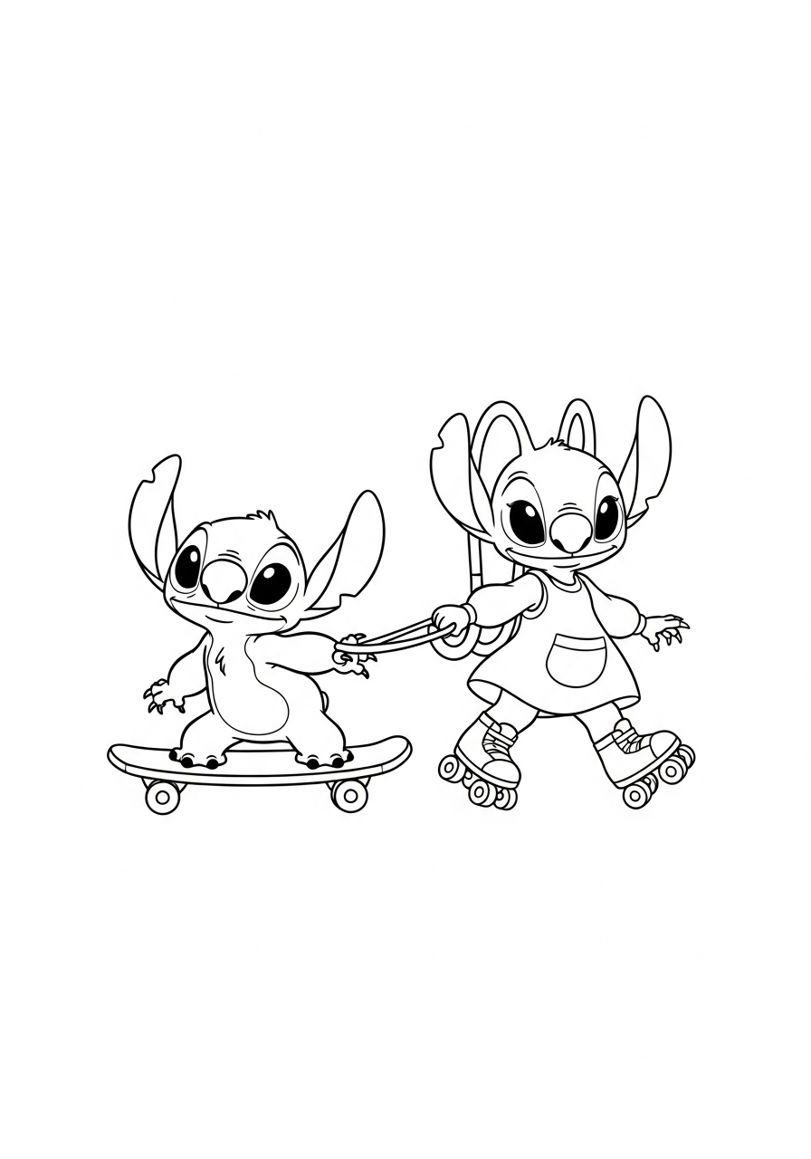 Stitch and Angel skateboarding fun coloring page