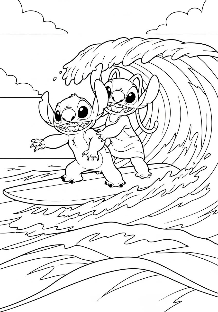 Stitch and Angel surfing together coloring page
