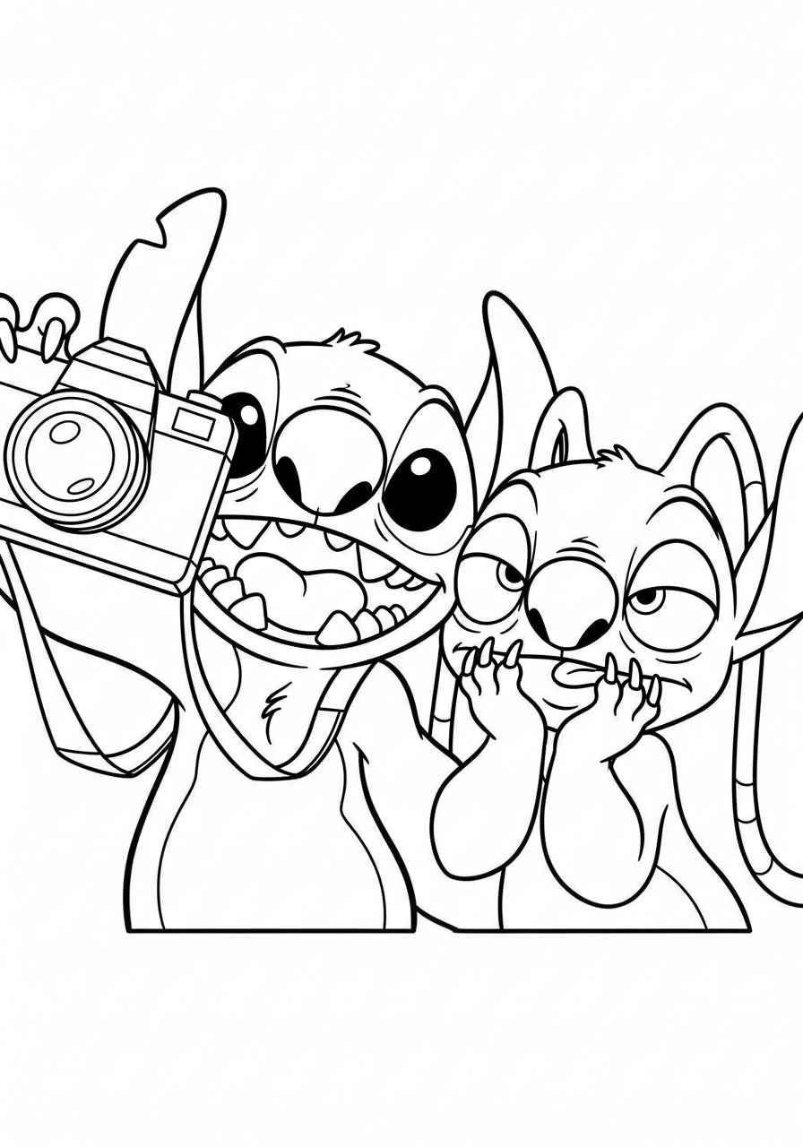 Stitch and Angel taking selfie coloring page
