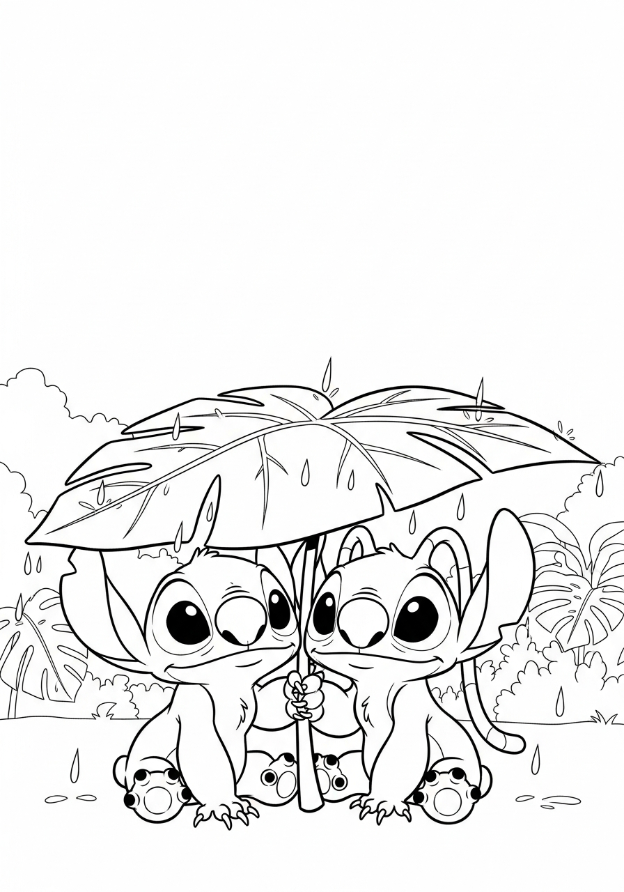 Stitch and Angel under umbrella coloring page