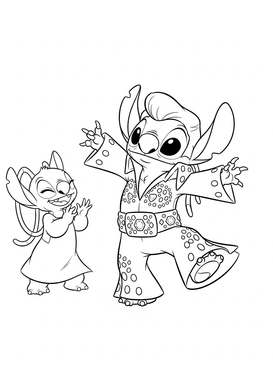 Stitch as Elvis dancing with Angel coloring page