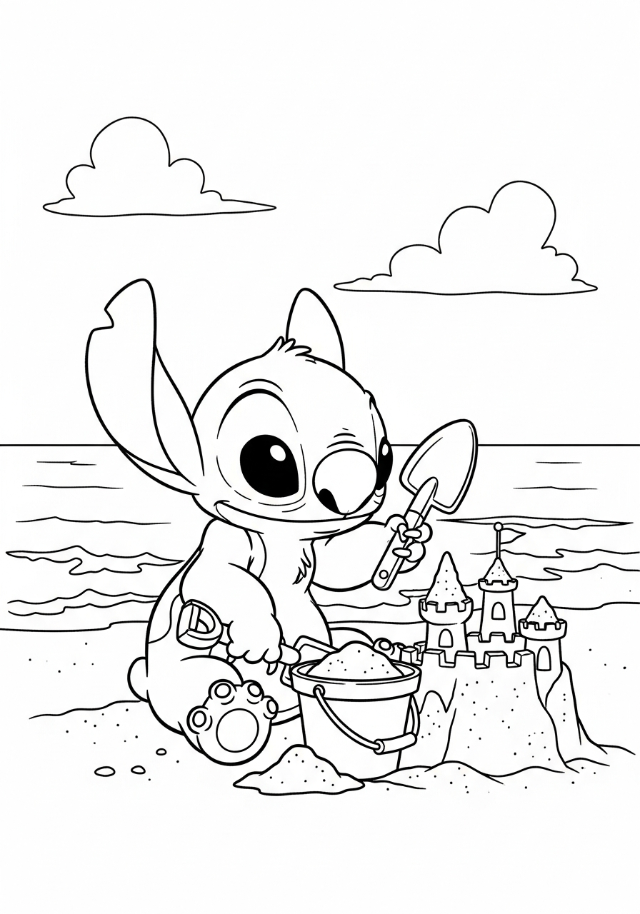 Stitch building sandcastle beach coloring page