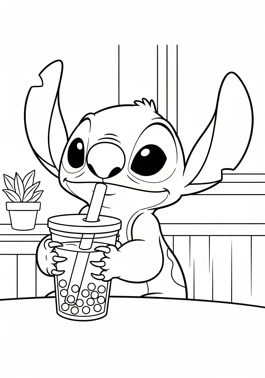 Stitch drinking boba tea coloring page