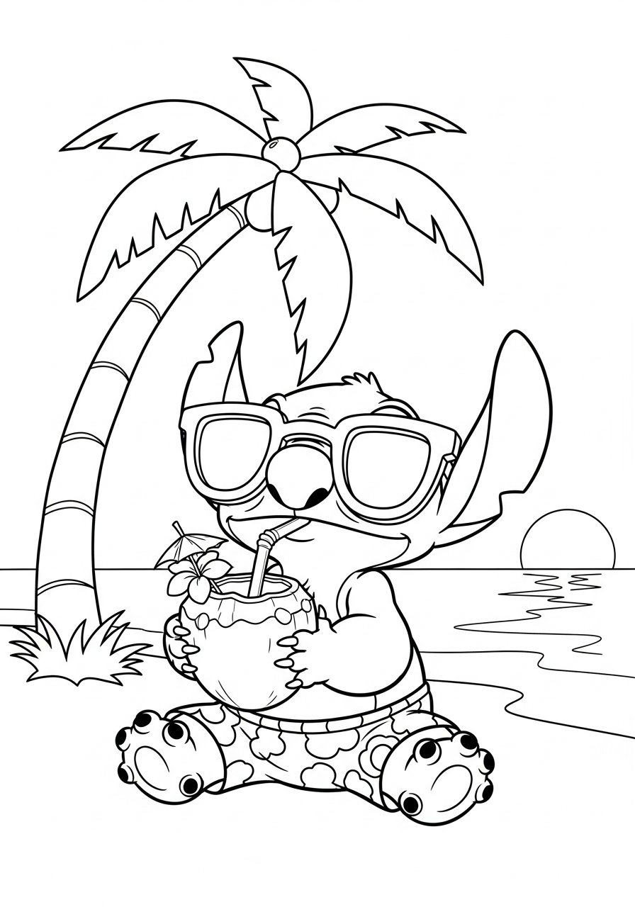 Stitch drinking coconut water coloring page