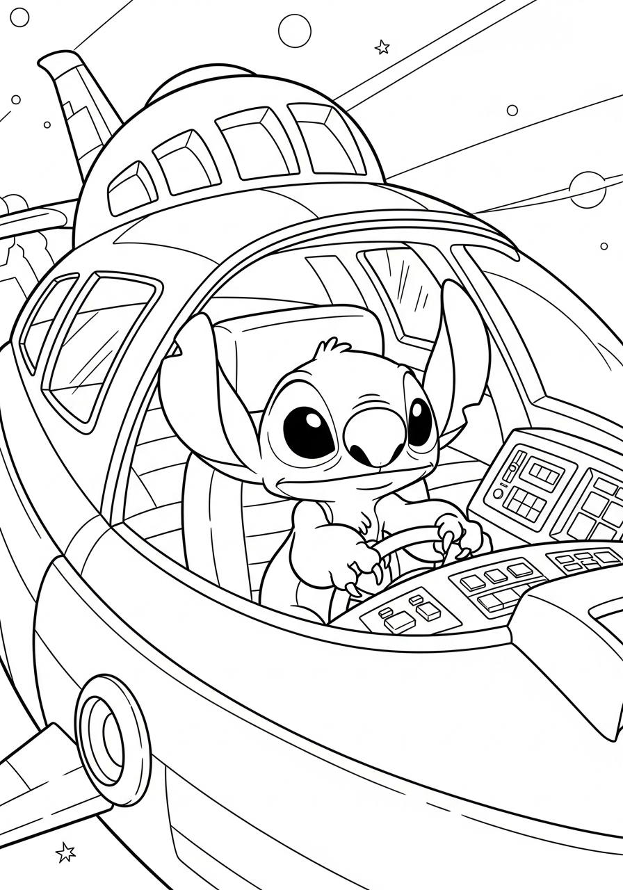 Stitch driving red spaceship coloring page