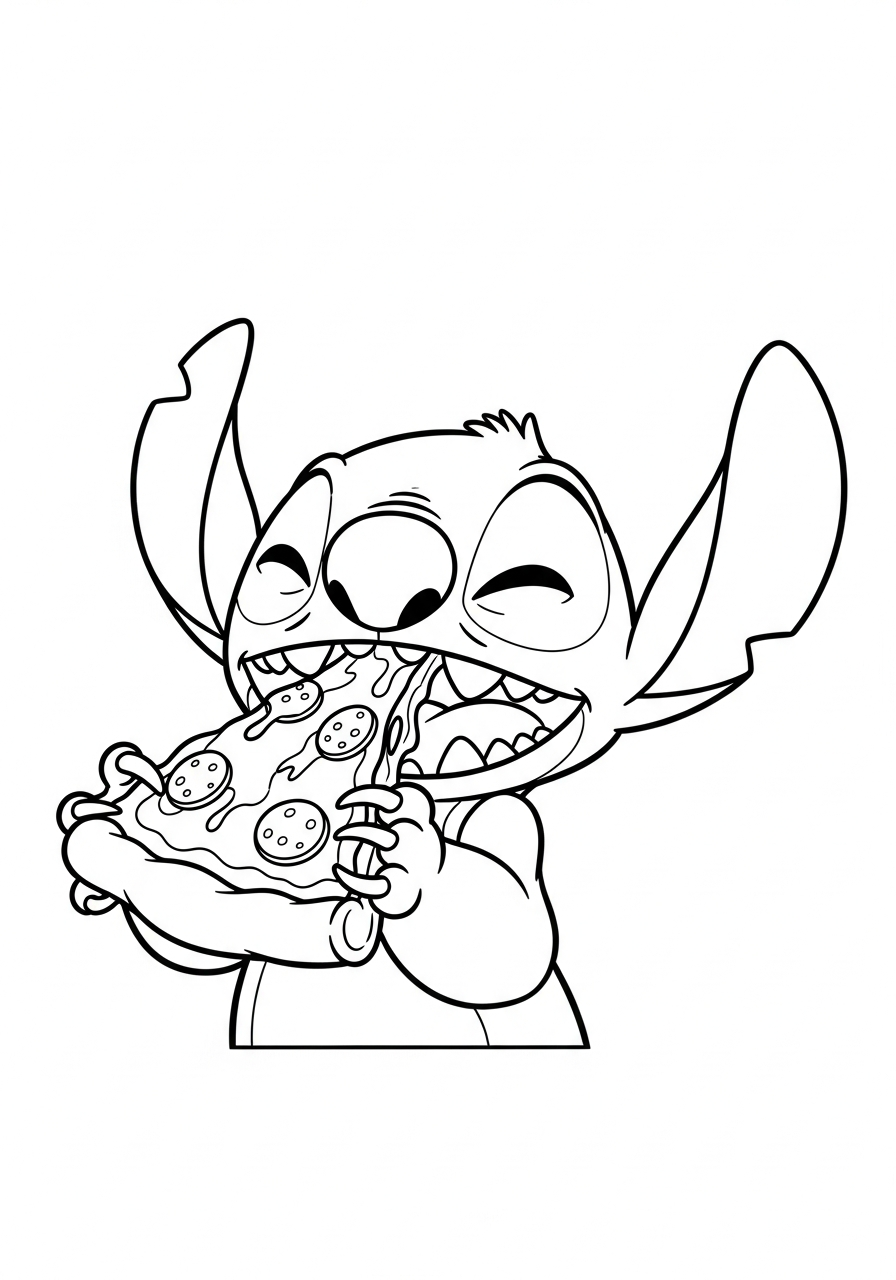 Stitch eating pizza slice coloring page