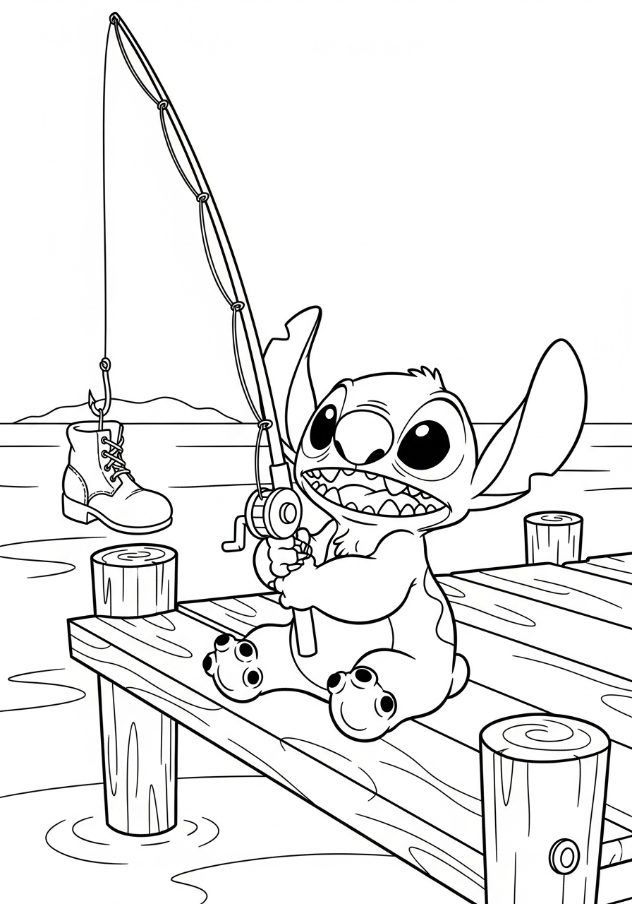 Stitch fishing funny scene coloring page
