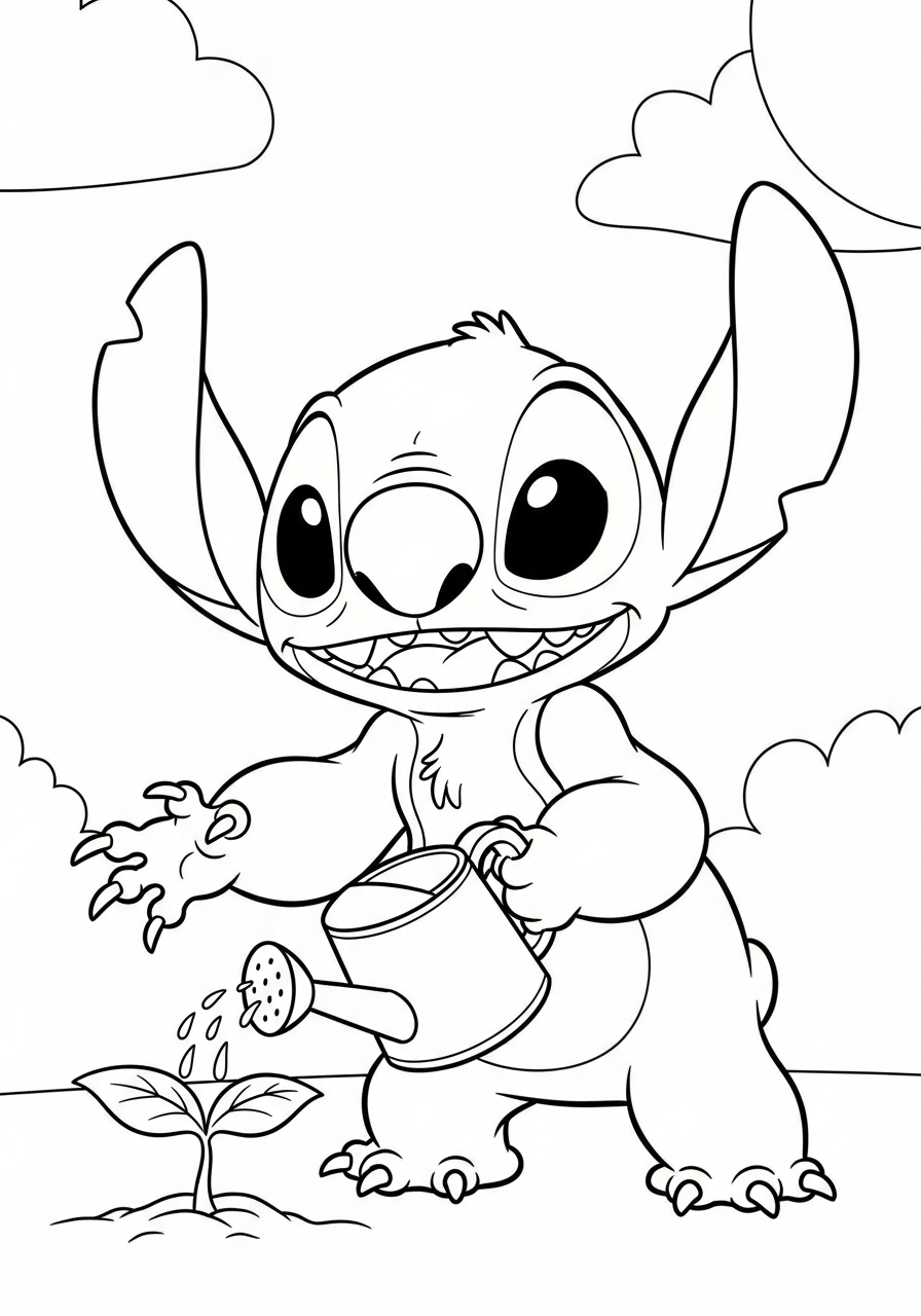 Stitch gardening watering plants coloring page