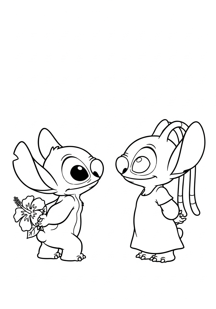 Stitch giving Angel a flower coloring page