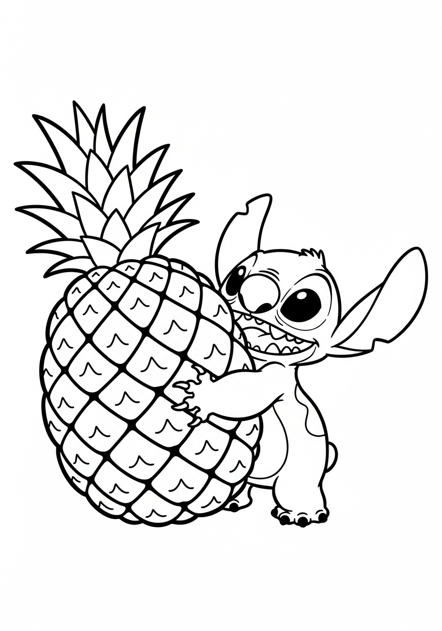 Stitch hugging pineapple tropical coloring page