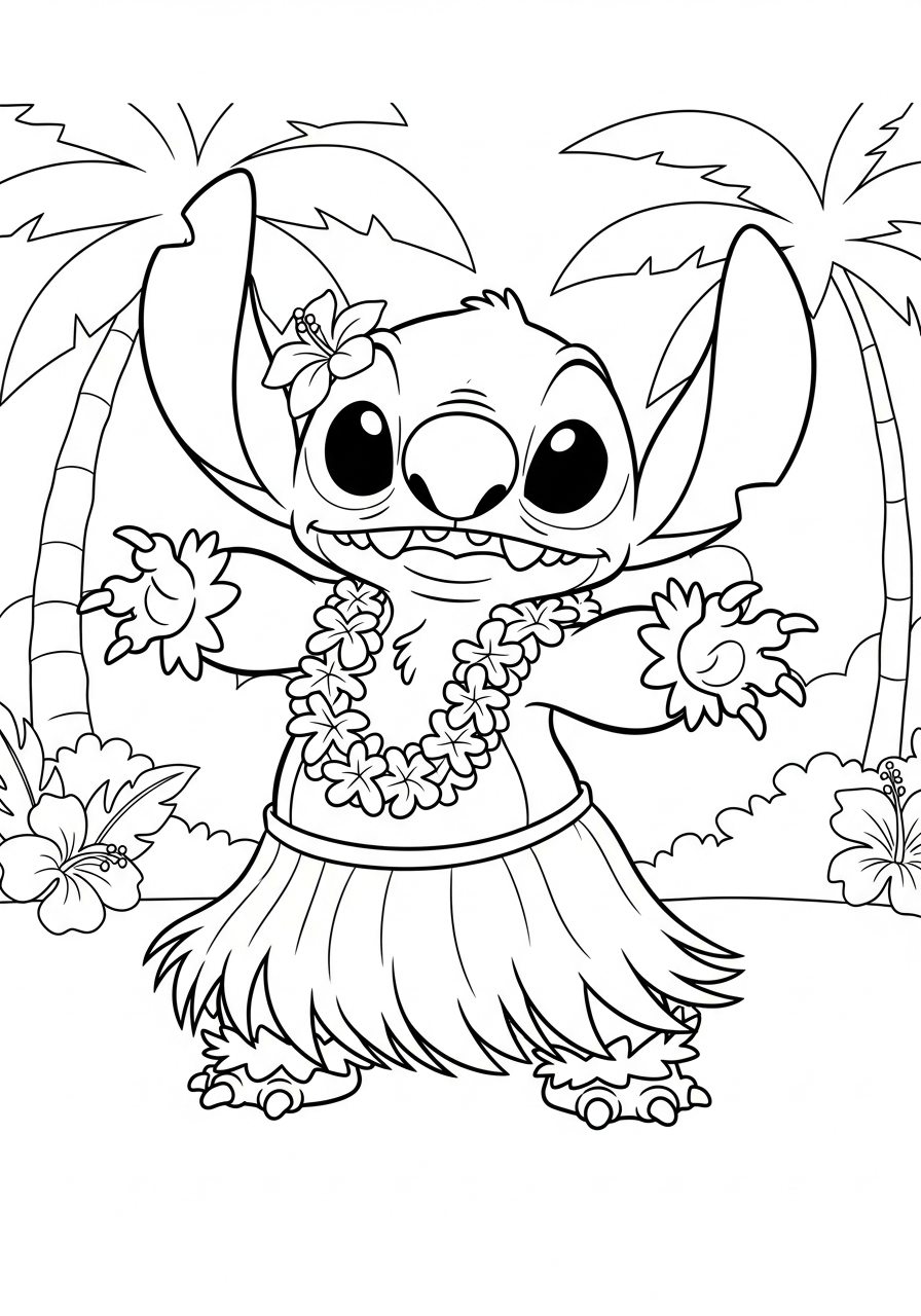Stitch hula dancing Hawaii coloring page