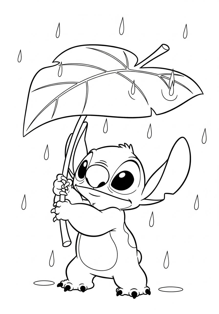 Stitch in rain with leaf coloring page
