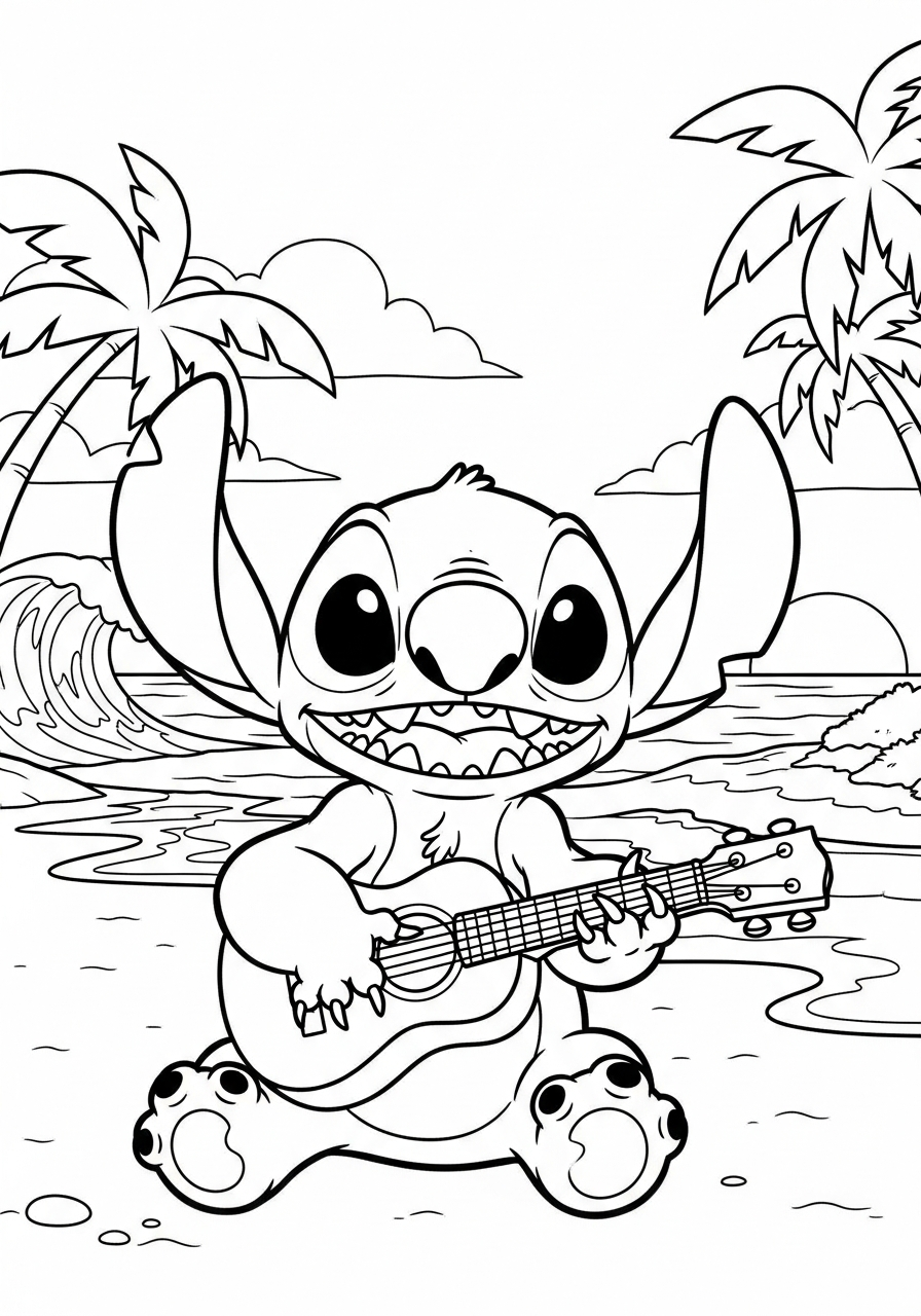 Stitch playing ukulele summer coloring page