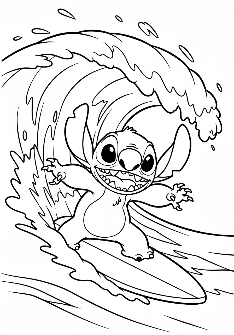 Stitch surfing ocean waves coloring page