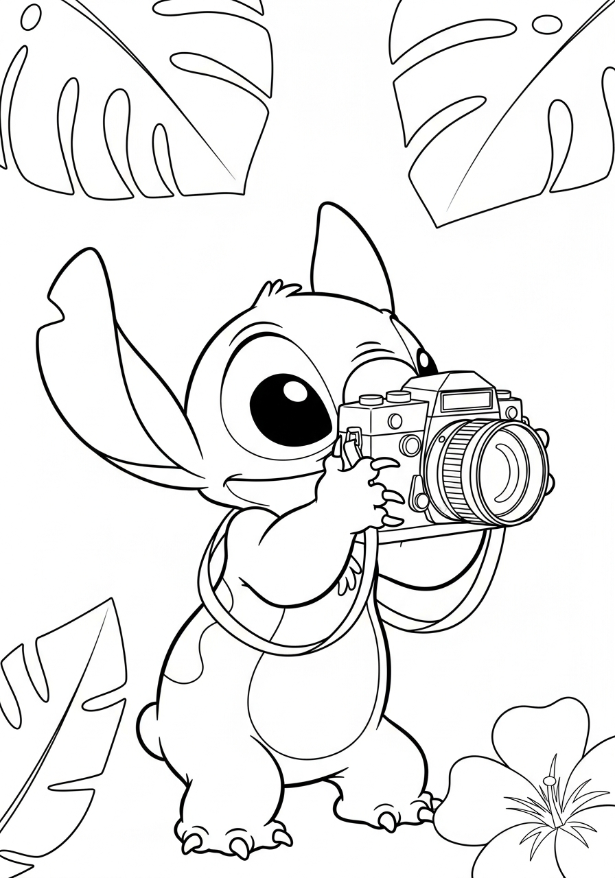 Stitch taking photos camera coloring page