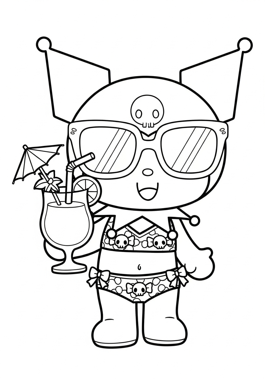 Summer Kuromi in swimsuit sunglasses coloring page