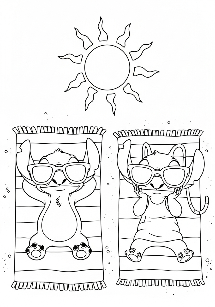 Summer beach Stitch and Angel coloring page