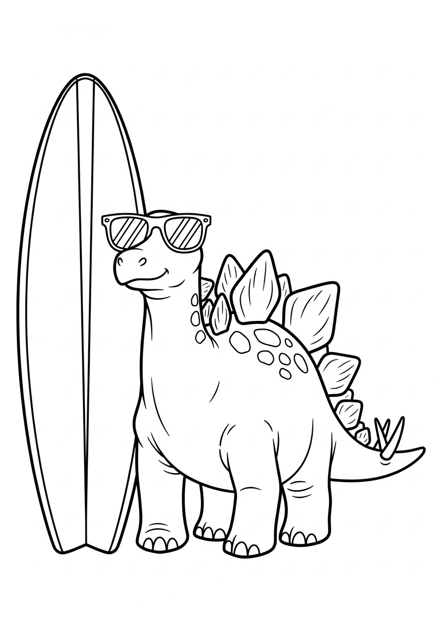 Summer beach surfing dinosaur stegosaurus coloring page