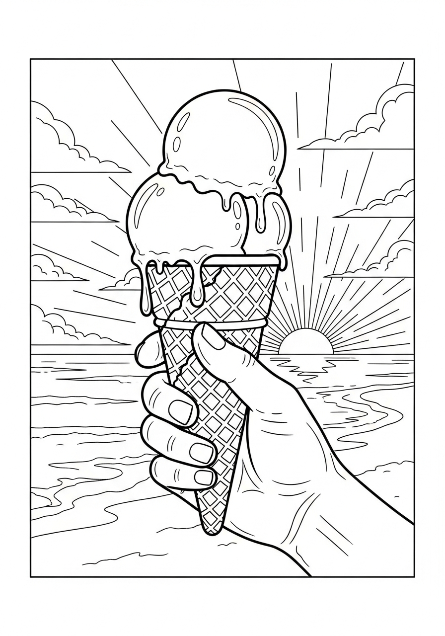 Summer ice cream cone seaside coloring page