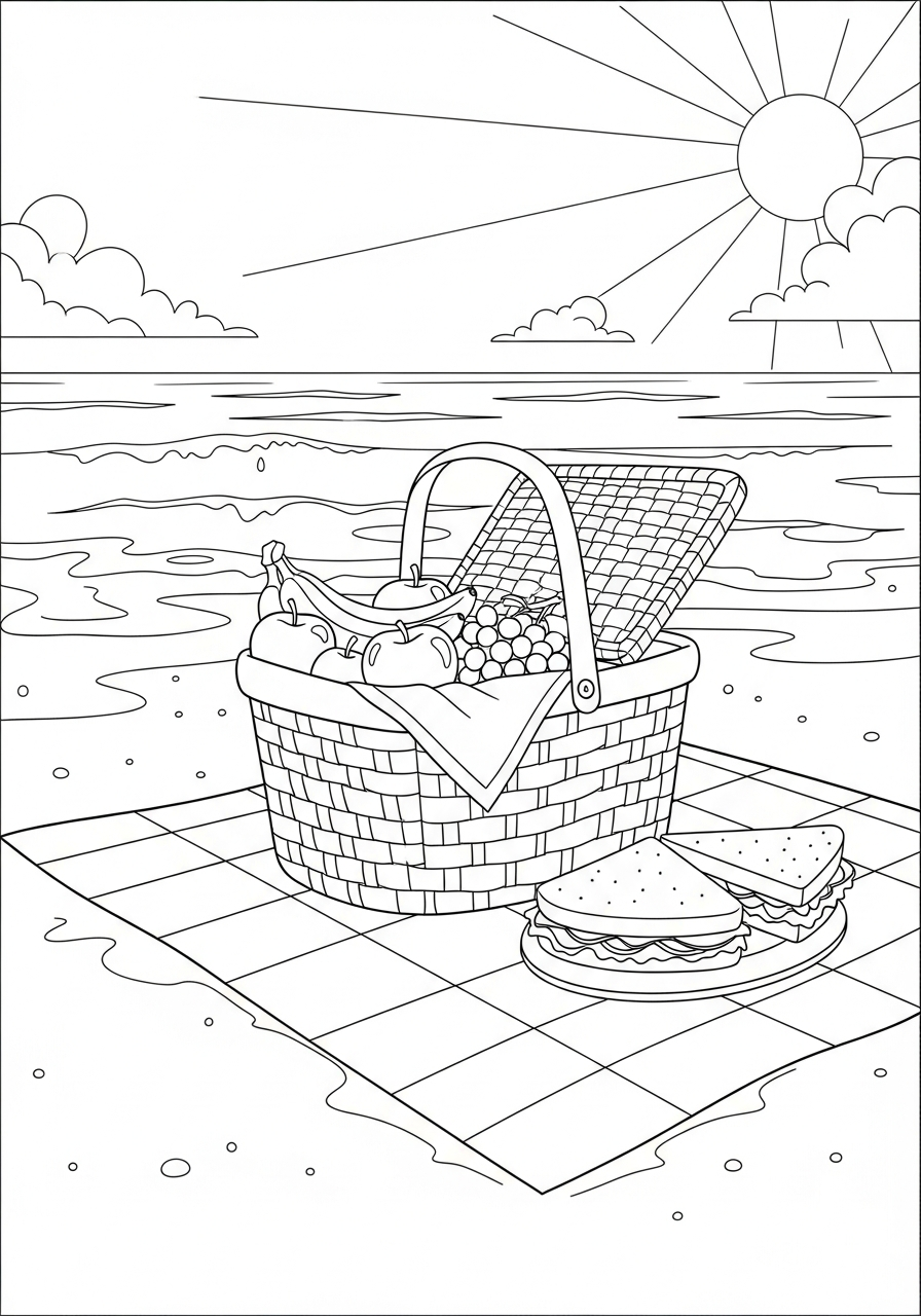 Summer picnic food on beach coloring page