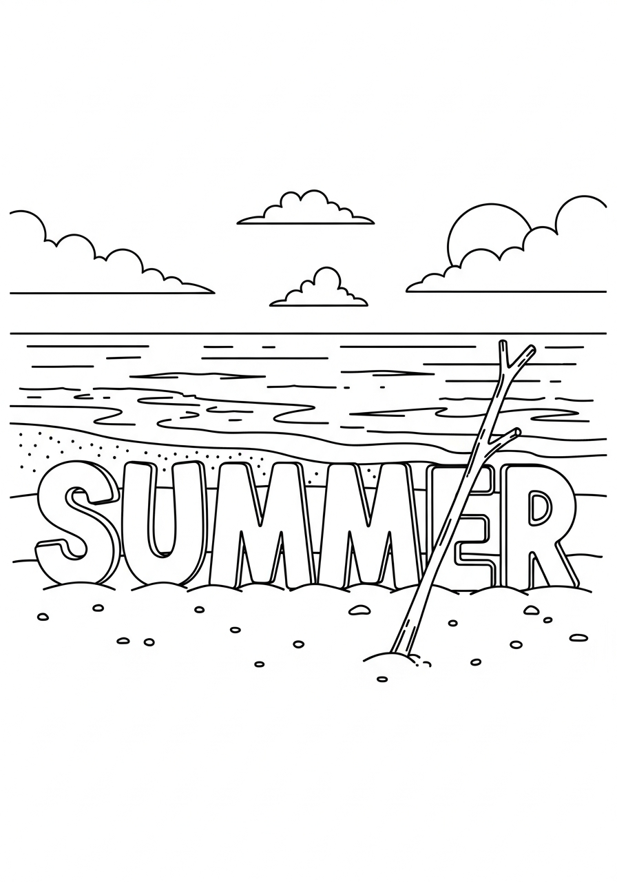 Summer word written in sand coloring page