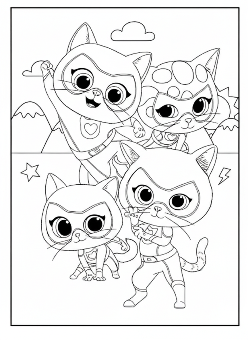 SuperKitties team characters coloring page