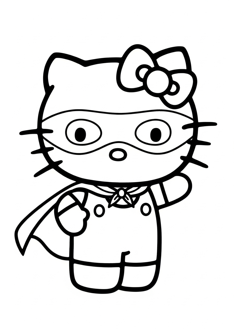 Superhero Hello Kitty wearing cape mask coloring page