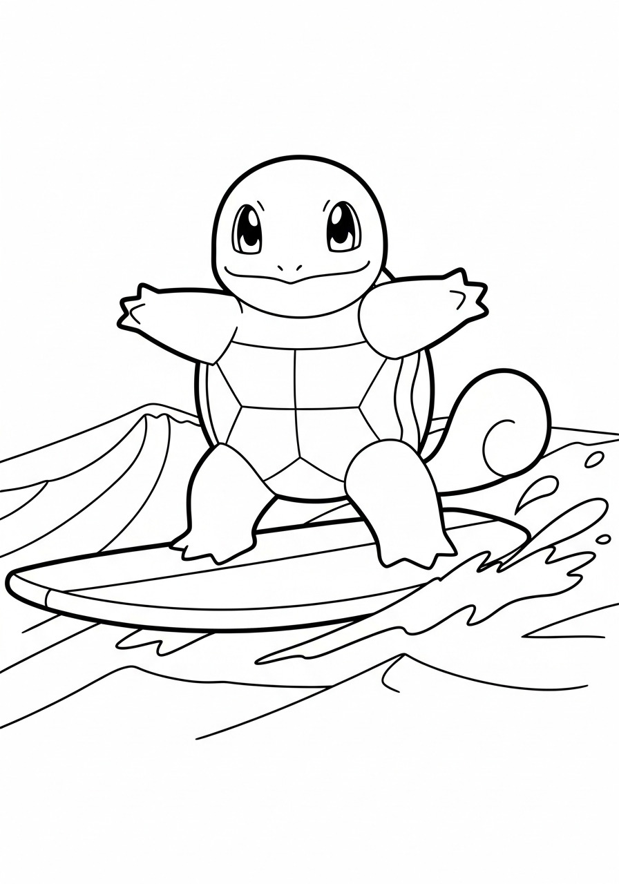 Surfing Squirtle on waves coloring page