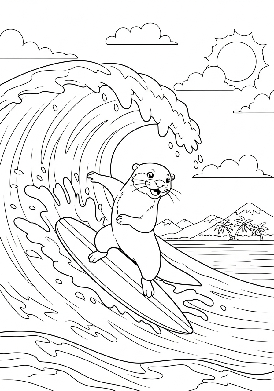 Otter Coloring Pages 37 Surfing otter on big wave coloring page