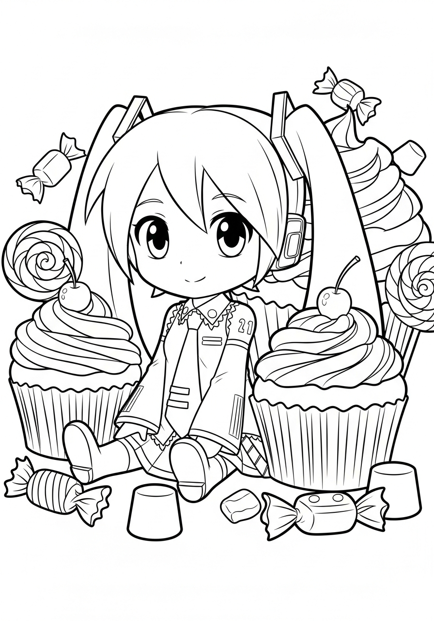 Sweet Chibi Miku candy coloring page