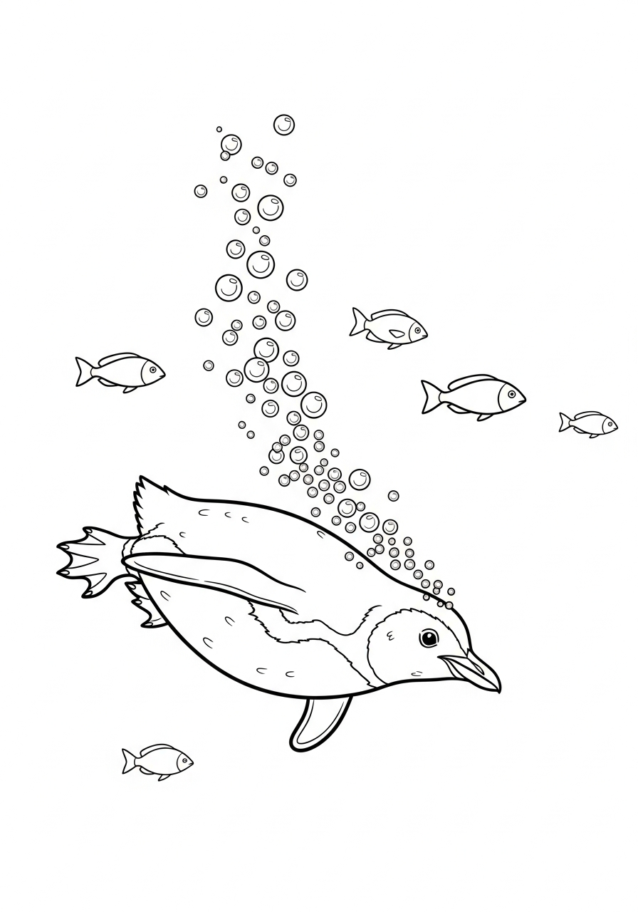 Swimming penguin underwater ocean scene coloring page