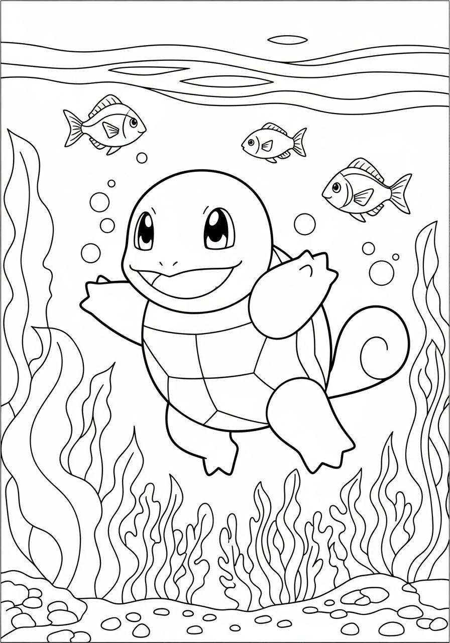 Swimming underwater Squirtle pokemon coloring page
