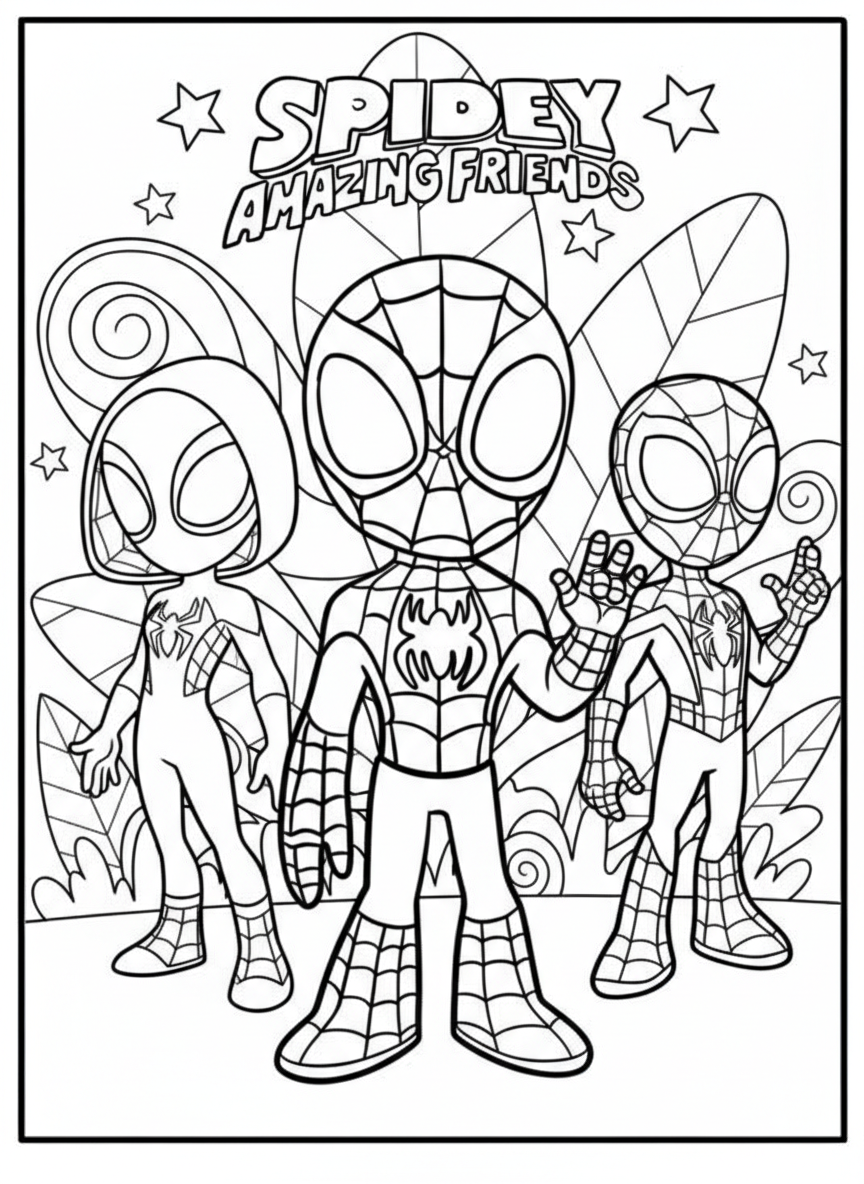 Team Spidey standing together – Spidey And His Amazing Friends coloring page