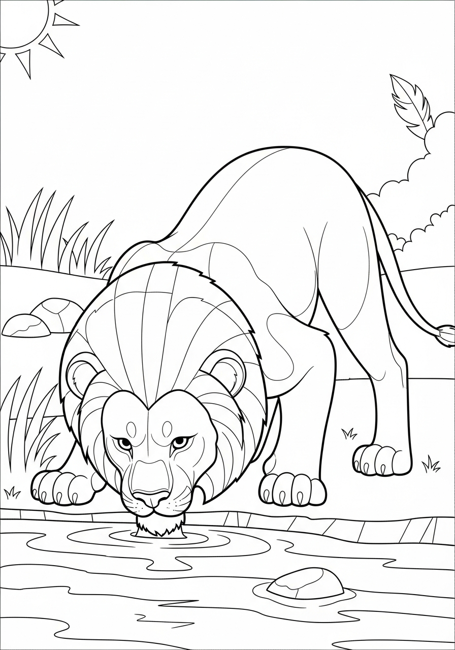 Thirsty lion drinking water coloring page