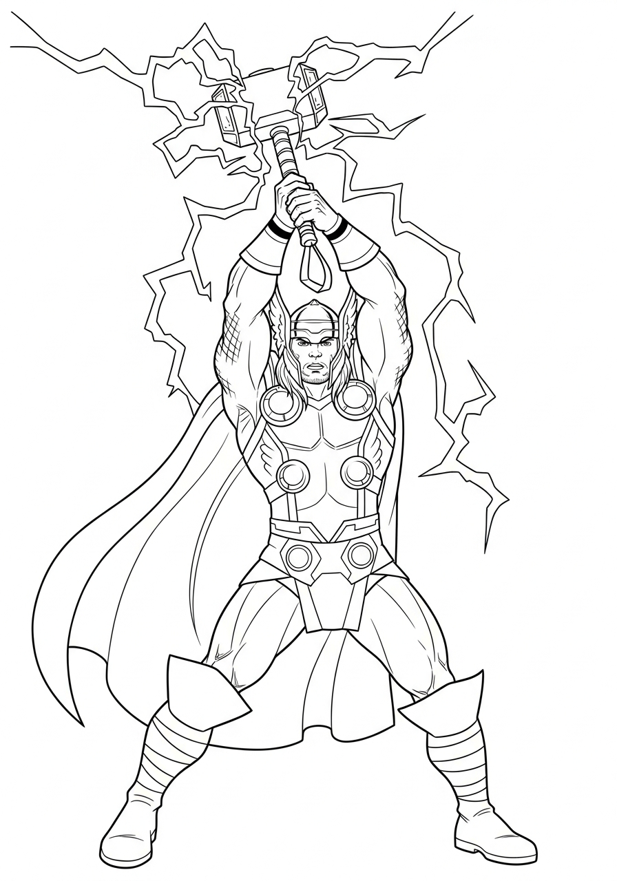 Thor holding hammer with lightning coloring page