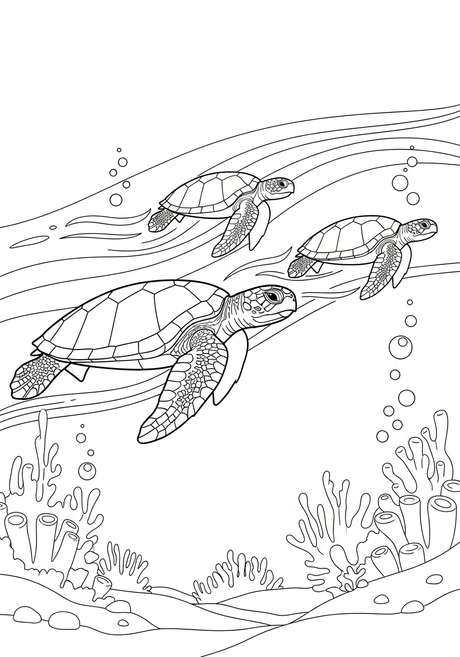 Three swimming sea turtles migration coloring page