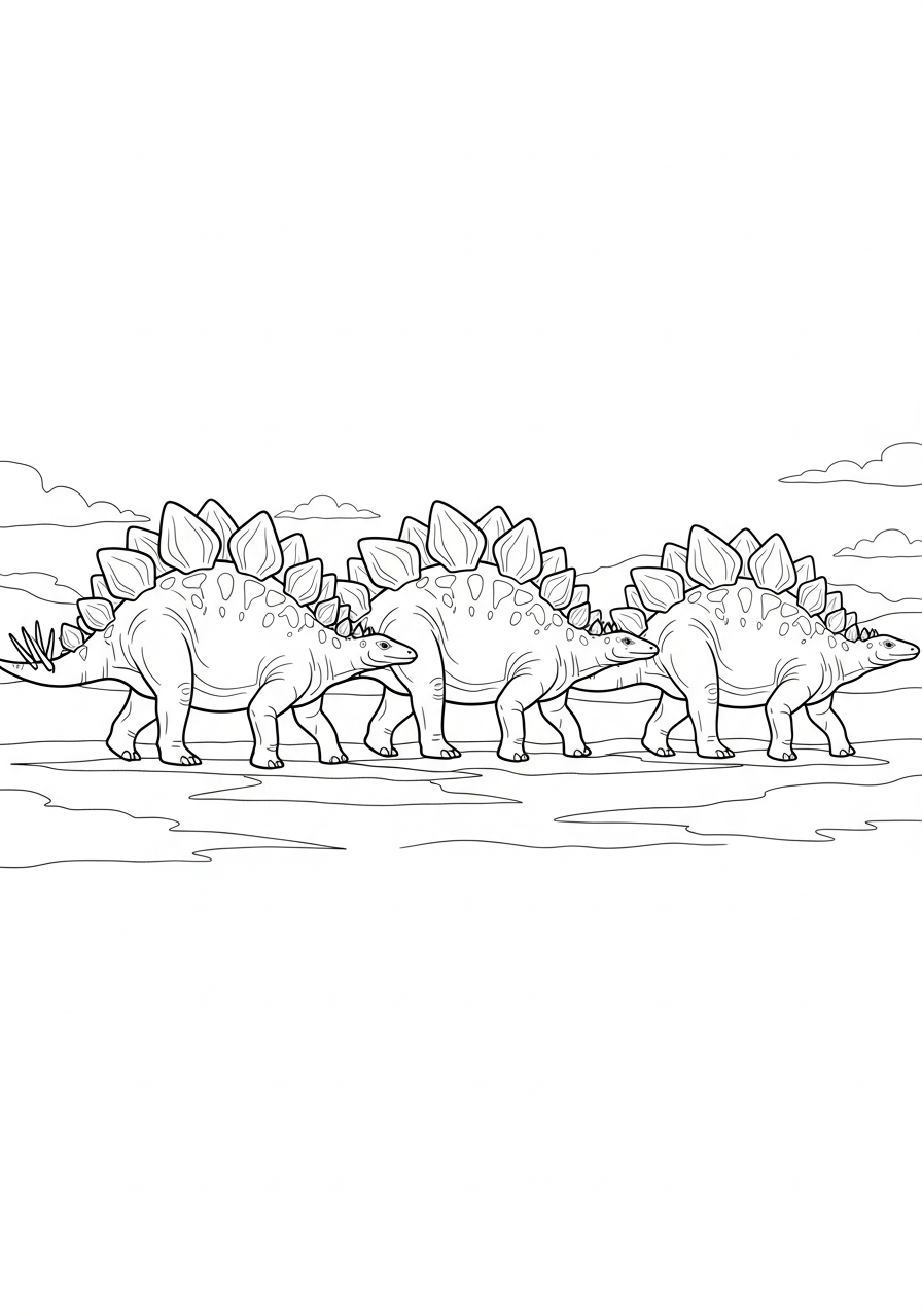 Three walking dinosaurs herd stegosaurus coloring page